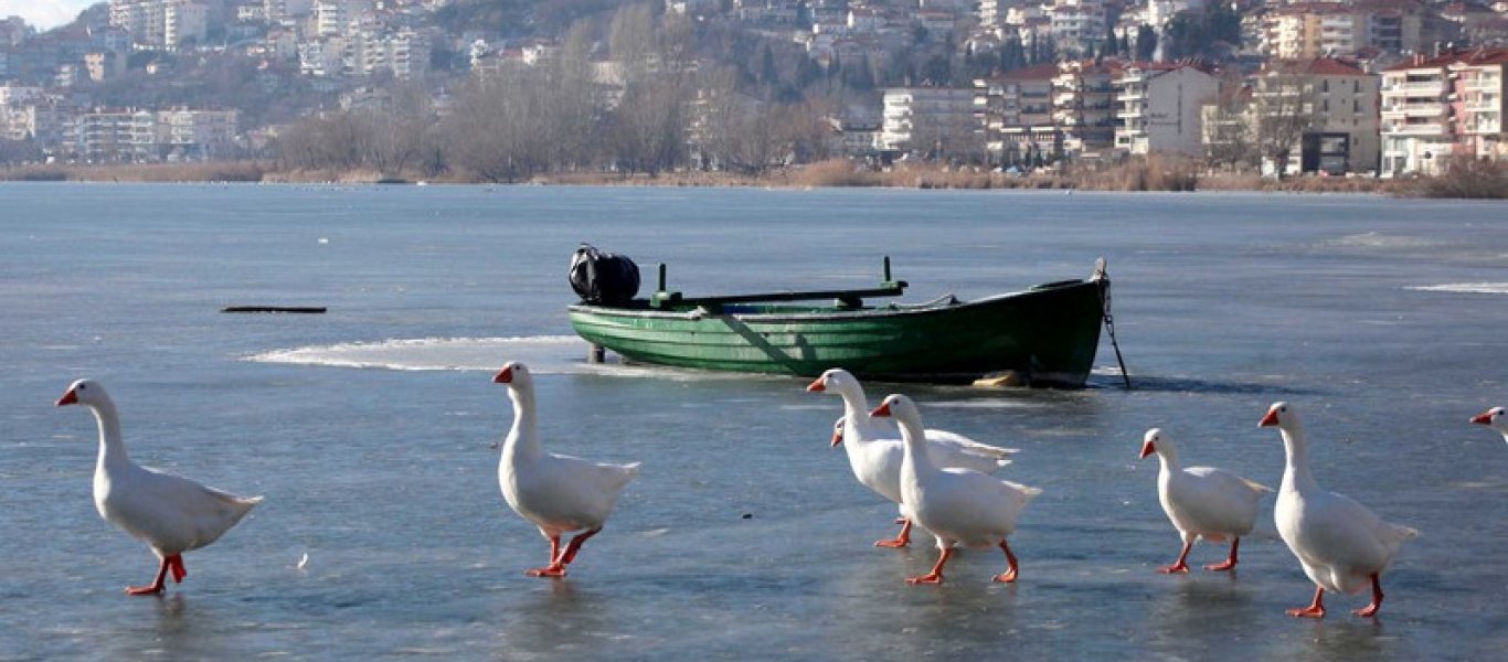 Φωτό από την παγωμένη Μικρή Πρέσπα και την λίμνη της Καστοριάς